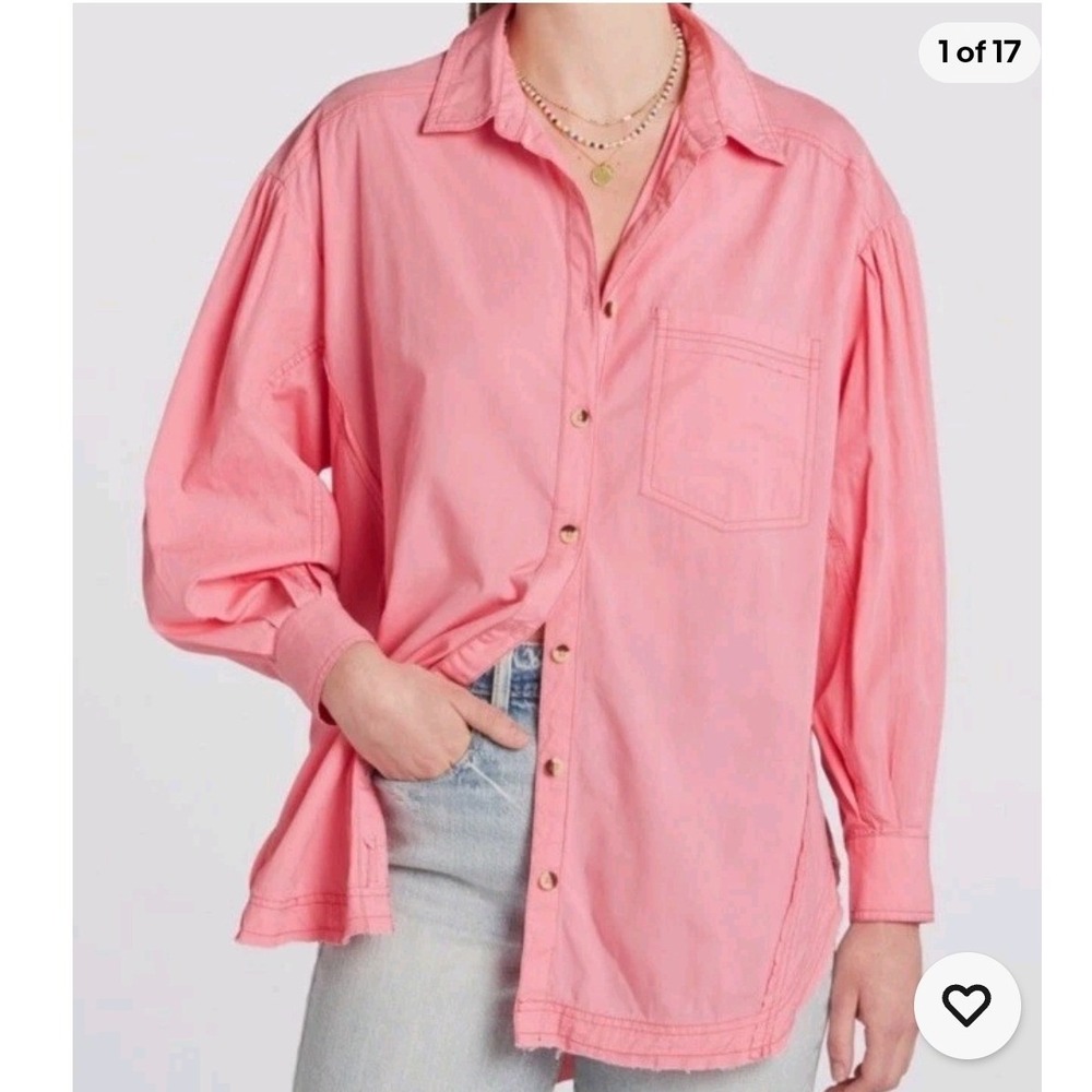 Free People We The Free Womens Large Happy Hour Poplin Top Pink Oversized Button